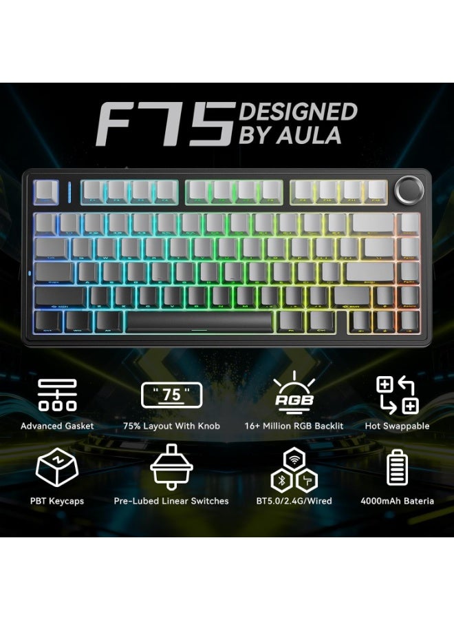 AULA F75 75% Wireless Gasket Gaming Keyboard, Hot Swappable Gaming Keyboard, Pre-Lubed Reaper Switches, Five-Layer Padding & Knob, 2.4GHz/Bluetooth 5.0/USB-C Tri-Mode, RGB Backlit for PC/Mac - Image 2